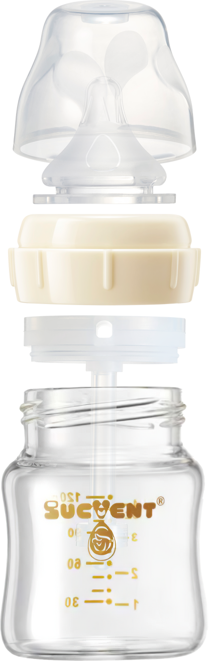 SUCVENT Anti-Choking & Anti-Colic Glass Baby Bottle 120ml with S Nipple (1-3 Months)